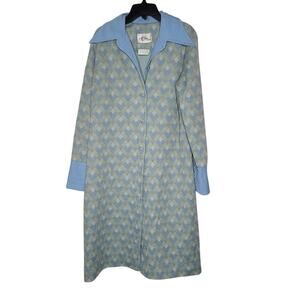 Vintage Mize Modes Blue Geometric Coat Dress Polyester Large/ XL Buttons Collar